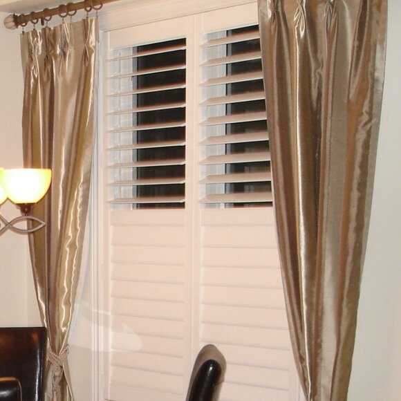 Two custom panels taupe gold vertical stripe tafetta pleated lined drapes 54x92" - Picture 9 of 9